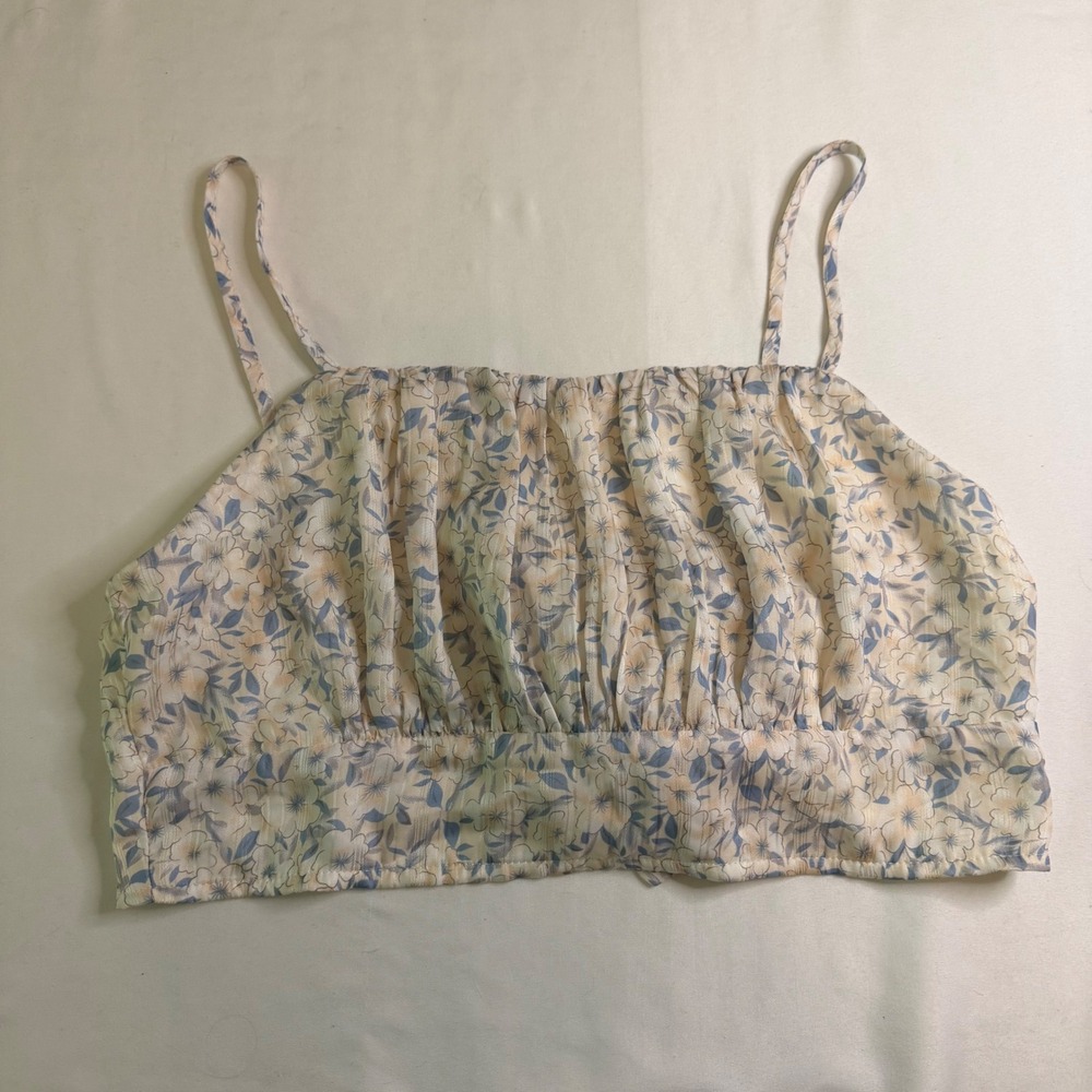 French Kiss Floral Ruched Tie Back Crop Cami Top Blue Cream Medium Coquette
